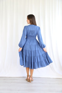 Tahlia Long Sleeve Denim Blue Linen Midi Style Dress