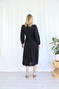 Black Long Sleeve Linen Midi Dress