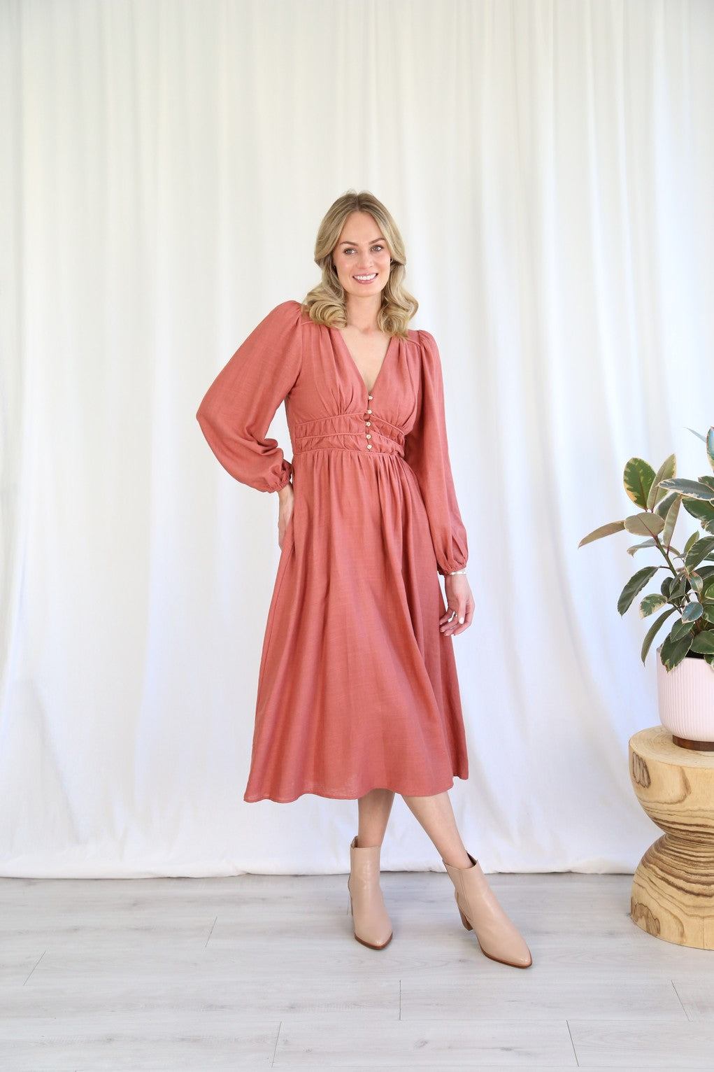 Rust Long Sleeve Linen Midi Dress