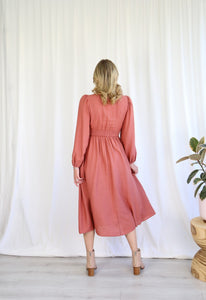 Rust Long Sleeve Linen Midi Dress