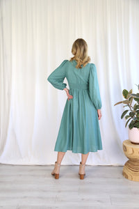 Teal Long Sleeve Linen Midi Dress