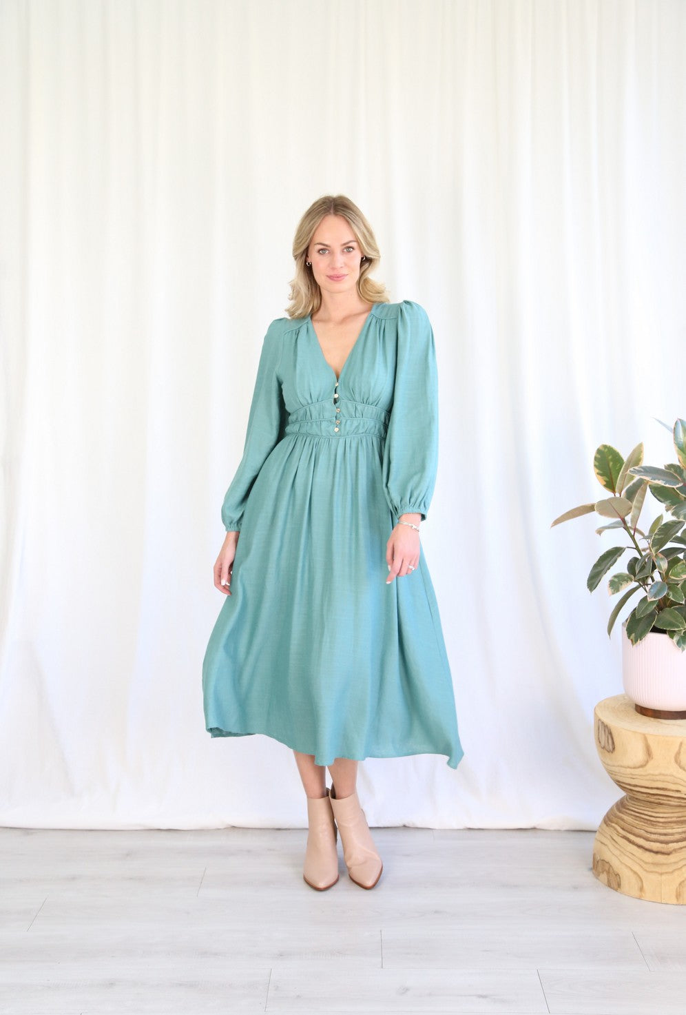 Teal Long Sleeve Linen Midi Dress