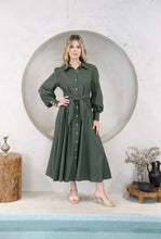 Load image into Gallery viewer, Sage Long Sleeve Shirt Linen Midi Dress with Tie Waist Feature