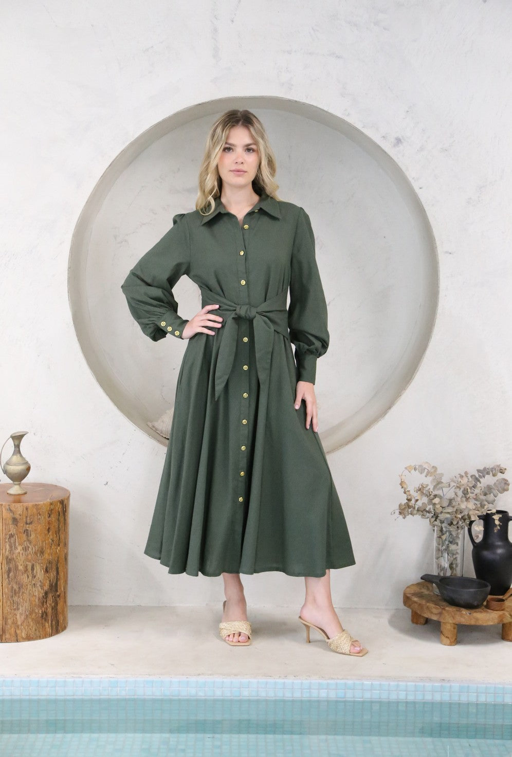 Sage Long Sleeve Shirt Linen Midi Dress with Tie Waist Feature