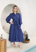 Load image into Gallery viewer, Navy Long Sleeve Shirt Linen Midi Dress with Tie Waist Feature