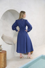 Load image into Gallery viewer, Navy Long Sleeve Shirt Linen Midi Dress with Tie Waist Feature