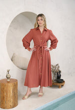 Load image into Gallery viewer, Rust long Sleeve Shirt Linen Midi Dress with Tie Waist Feature