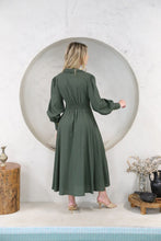 Load image into Gallery viewer, Sage Long Sleeve Shirt Linen Midi Dress with Tie Waist Feature