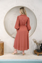 Load image into Gallery viewer, Rust long Sleeve Shirt Linen Midi Dress with Tie Waist Feature