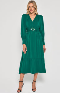 Emerald Green Long Sleeve Midi Dress with Contrast Printed Belt Buckle