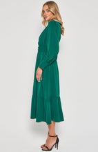 Load image into Gallery viewer, Emerald Green Long Sleeve Midi Dress with Contrast Printed Belt Buckle