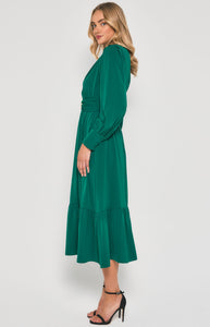 Emerald Green Long Sleeve Midi Dress with Contrast Printed Belt Buckle