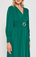 Load image into Gallery viewer, Emerald Green Long Sleeve Midi Dress with Contrast Printed Belt Buckle