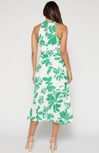 Load image into Gallery viewer, Green Abstract Floral Halter Dress with Waterfall Hem
