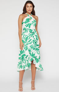 Green Abstract Floral Halter Dress with Waterfall Hem