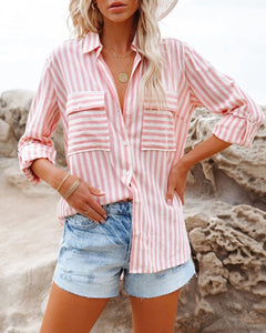 Cotton Pink Stripe Roll Up Sleeve Shirt