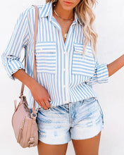 Load image into Gallery viewer, Cotton Blue Stripe Roll Up Sleeve Shirt