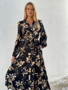 Black Floral Long Sleeve Chiffon Shirt Dress