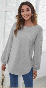 Grey Scoop Hem Layering Top with Buttons to Sleeve Feature