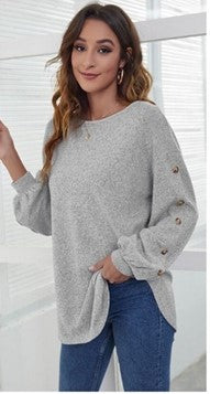 Grey Scoop Hem Layering Top with Buttons to Sleeve Feature