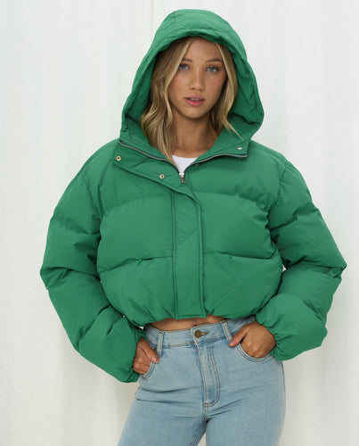Emerald Green Crop Bomber Jacket with Hood & Pockets