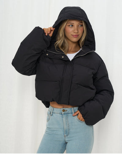 Black Crop Bomber Jacket with Hood & Pockets