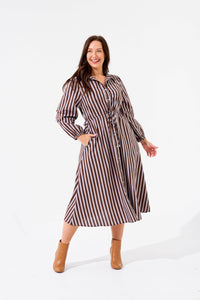 Brown Stripe Moss Maxi Shirt Dress with Pockets