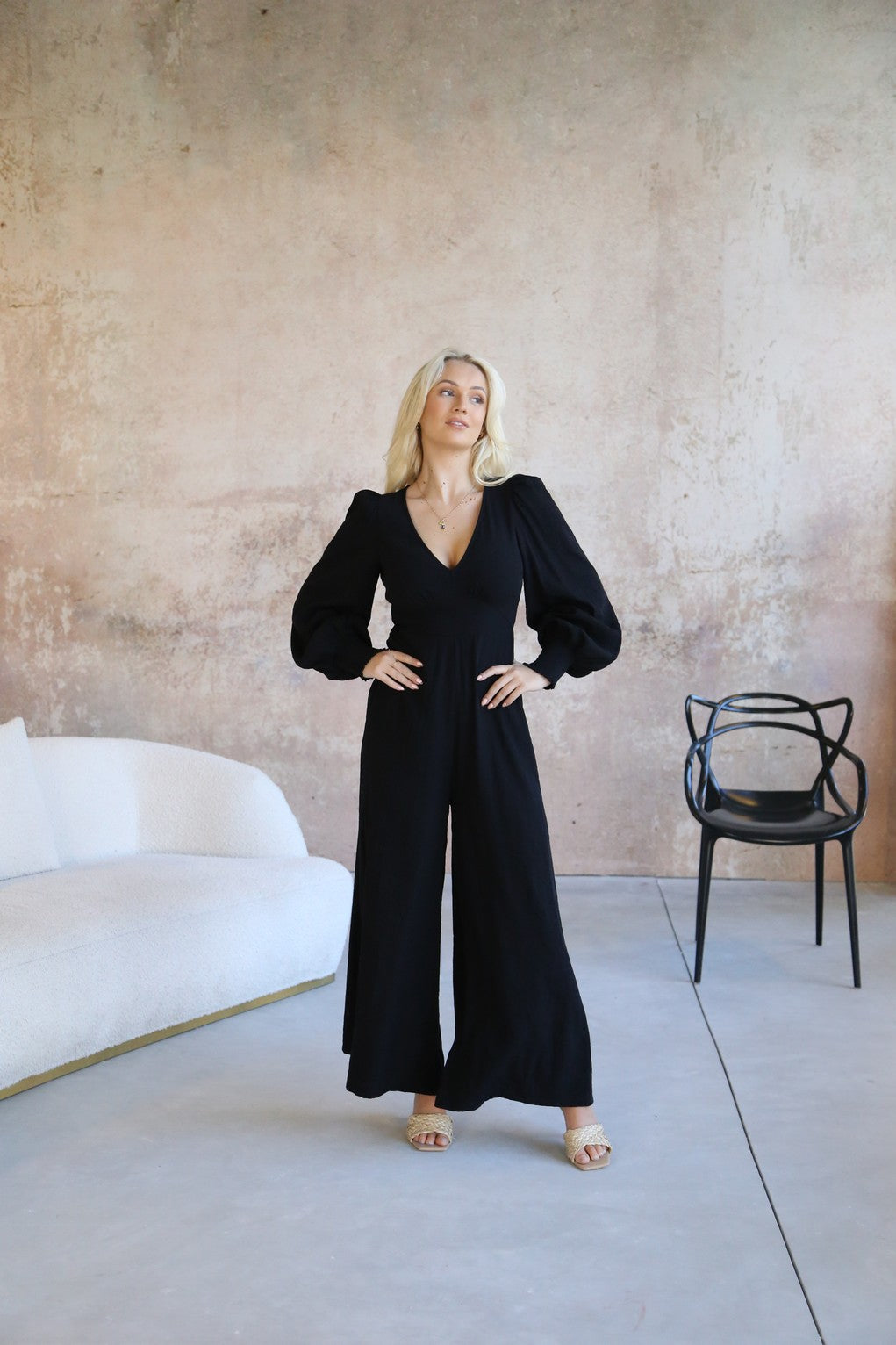 Black Long Sleeve Wide Leg Jumpsuit - Main Image