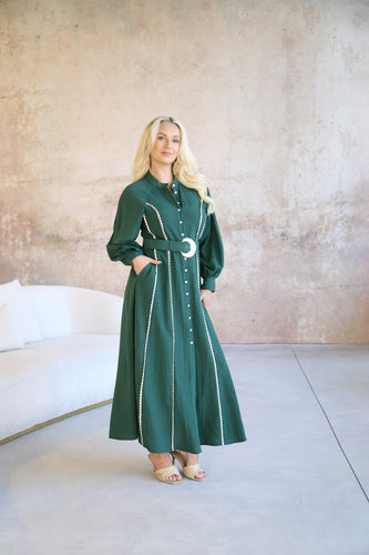 Emerald Green Long Sleeve 'Whimsical' Boho Maxi Dress with Pockets and Belt Feature