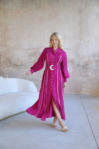 Magenta Long Sleeve 'Whimsical' Boho Maxi Dress with Pockets and Belt Feature