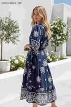 Load image into Gallery viewer, Navy &amp; White Floral Mid Dress with elastic Waist and Pockets