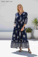 Load image into Gallery viewer, Navy &amp; White Floral Mid Dress with elastic Waist and Pockets