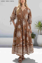 Load image into Gallery viewer, Mocha White Floral Mid Dress with elastic Waist and Pockets