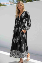 Load image into Gallery viewer, Black &amp; White Floral Empire Waist Midi Dress with Pockets