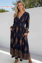 Load image into Gallery viewer, Navy &amp; Tan Floral Empire Waist Midi Dress with Pockets