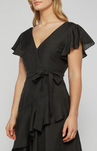 Load image into Gallery viewer, Black textured waterfall frill hem midi dress with butterfly sleeve