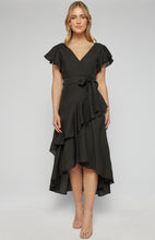 Load image into Gallery viewer, Black textured waterfall frill hem midi dress with butterfly sleeve