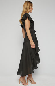 Black textured waterfall frill hem midi dress with butterfly sleeve