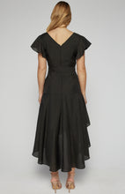 Load image into Gallery viewer, Black textured waterfall frill hem midi dress with butterfly sleeve