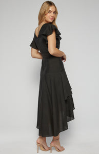 Black textured waterfall frill hem midi dress with butterfly sleeve