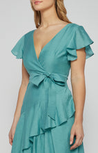 Load image into Gallery viewer, Teal textured waterfall frill hem midi dress