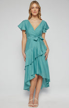 Load image into Gallery viewer, Teal textured waterfall frill hem midi dress