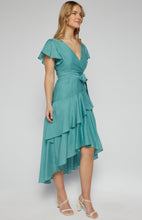 Load image into Gallery viewer, Teal textured waterfall frill hem midi dress