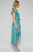 Load image into Gallery viewer, Teal textured waterfall frill hem midi dress