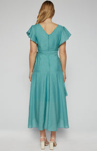 Teal textured waterfall frill hem midi dress