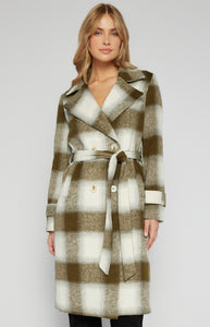 Olive/Cream Double Breasted Checkered Wool Coat