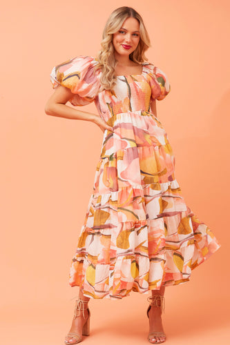 Alesandra Balloon Sleeve Multi Coloured Midi Dress