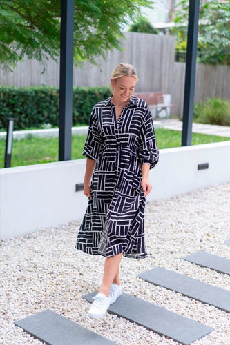 Black & White Print Shirt Flare Dress