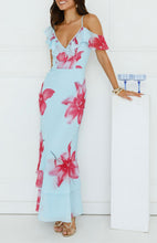 Load image into Gallery viewer, Baby Blue One Shoulder Feature Maxi Style Fitted Foral Dress