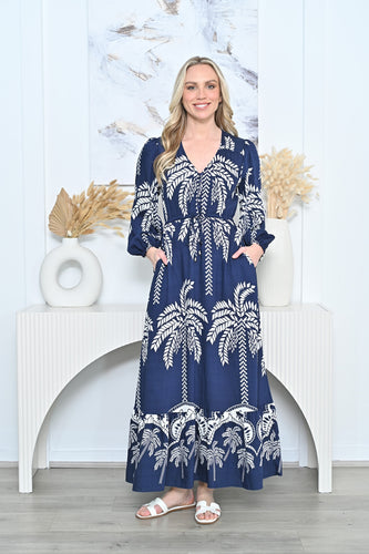Navy Blue Long Sleeve Maxi Dress with Pockets